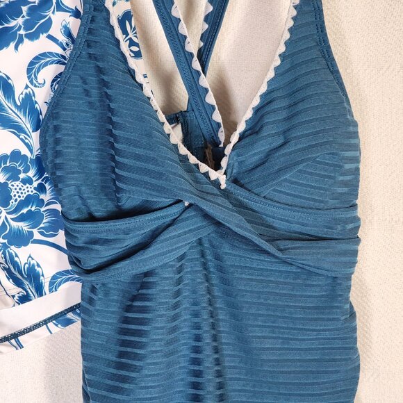 Rotita Peacock Blue Criss Cross Ties Floral Bottom Poly Span Tankini Set Size S - Picture 6 of 16